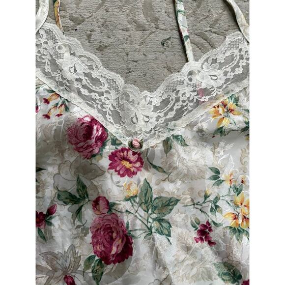 Vintage 90s Women's Floral Satin Slip Nightgown White Lace Trim Size Medium - Picture 5 of 7